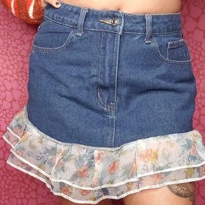Denim Skirt with Floral Ruffle Hem